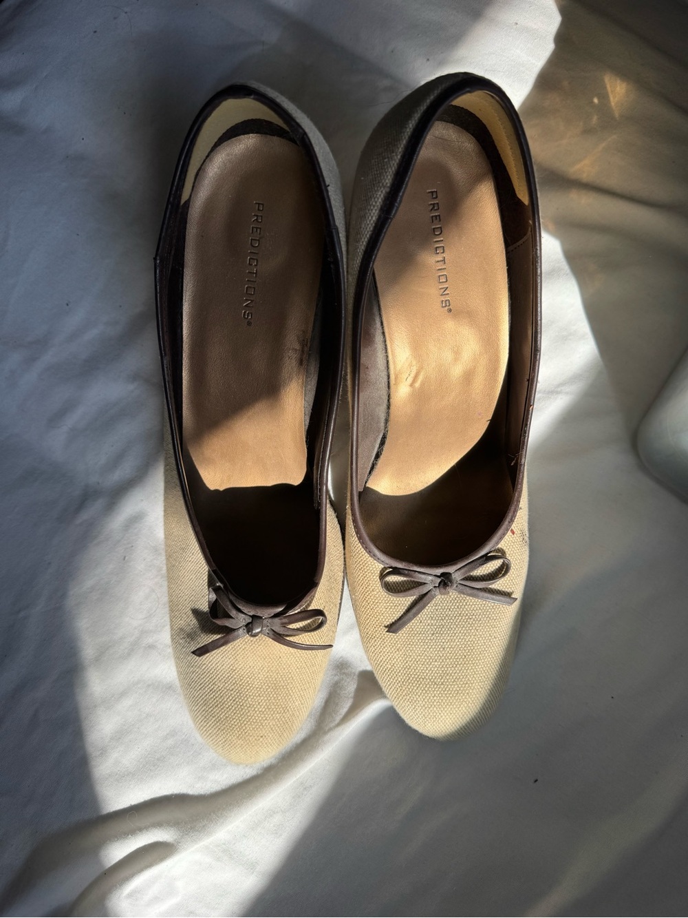 Predictions Beige Canvas Ballet Flats with Brown Trim and Bow